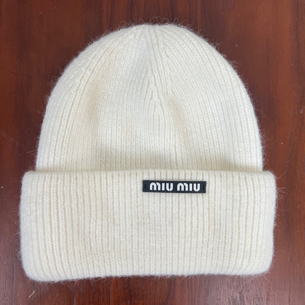 Miu Miu Cream White Ribbed Mohair Blend Beanie Logo Patch Made in Italy Hat